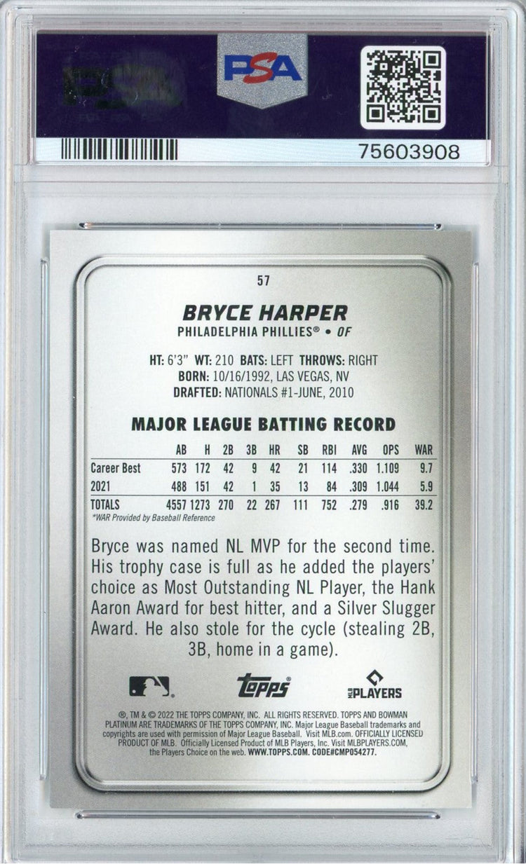 Graded 2022 Bowman Platinum Bryce Harper #57 Baseball Card PSA 10 Gem Mint