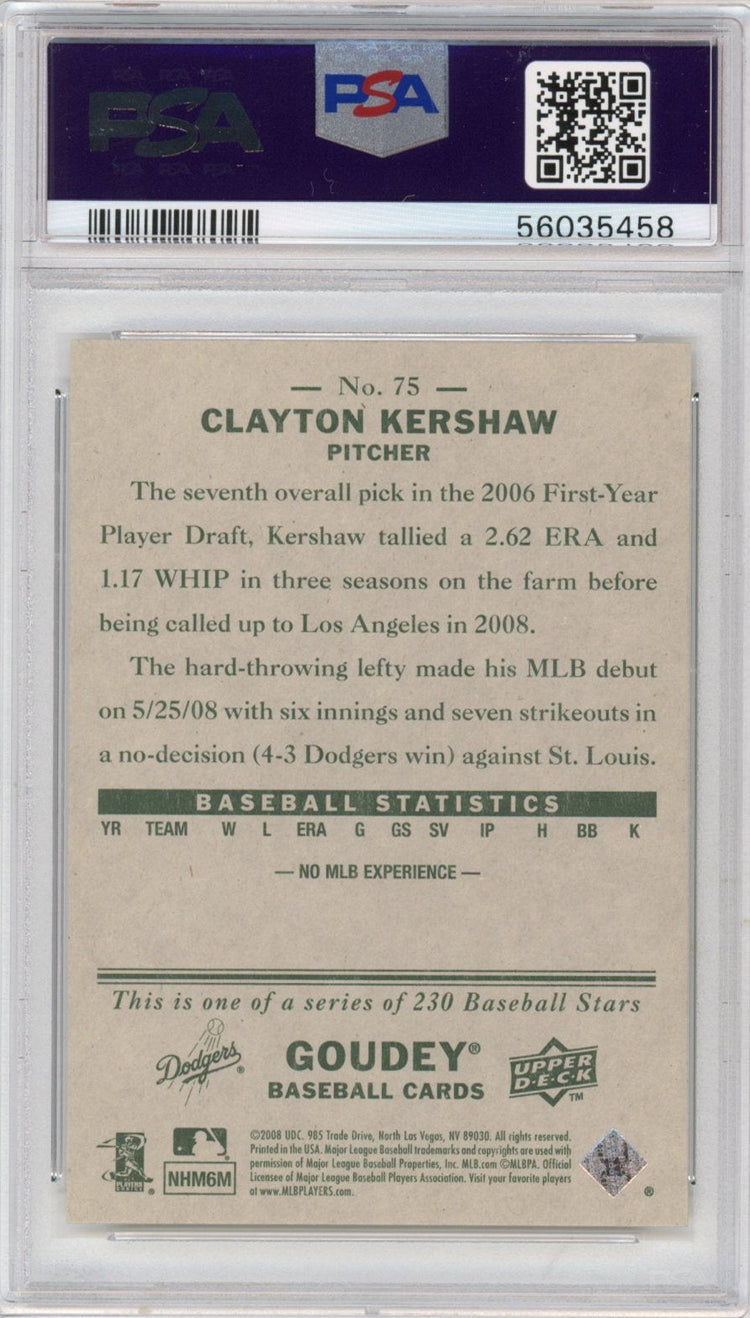 Graded 2008 Upper Deck UD Goudey Clayton Kershaw #75 Rookie RC Baseball Card PSA 10 Gem Mint