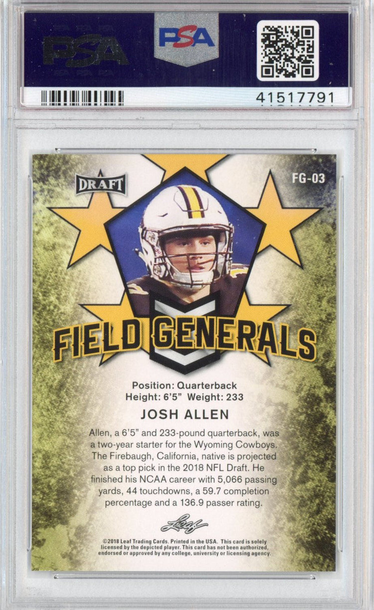 Graded 2018 Leaf Draft Josh Allen #FG-03 Field Generals Rookie RC Football Card PSA 10 Gem Mint