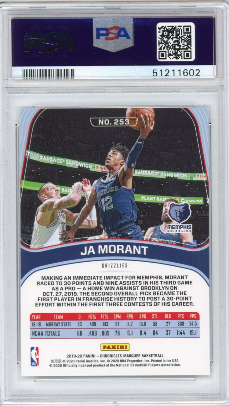 Graded 2019-20 Panini Chronicles Ja Morant #253 Marquee Rookie RC Basketball Card PSA 10 Gem Mint