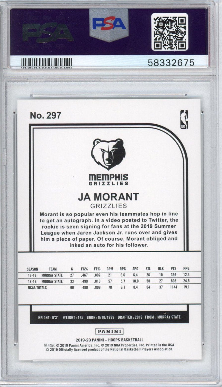 Graded 2019-20 Panini Hoops Ja Morant #297 Rookie RC Basketball Card PSA 10 Gem Mint