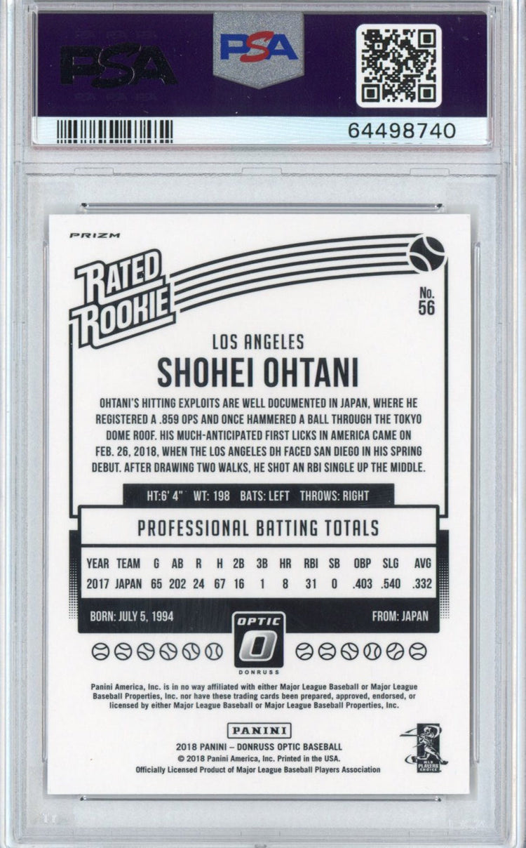 Graded 2018 Panini Donruss Optic Shohei Ohtani #56 Running Pink Refractor Rookie RC Baseball Card PSA 10 Gem Mint