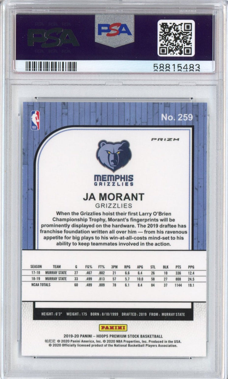 Graded 2019-20 Panini Hoops Premium Stock Ja Morant #259 Pulsar Rookie RC Basketball Card PSA 10 Gem Mint