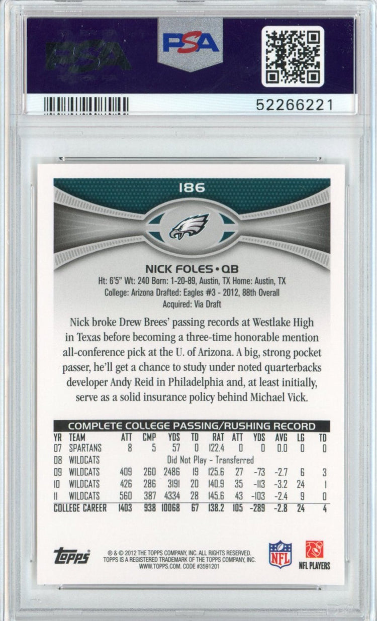 Graded 2012 Topps Nick Foles #186 Passing Left Hand Up Rookie RC Football Card PSA 10 Gem Mint