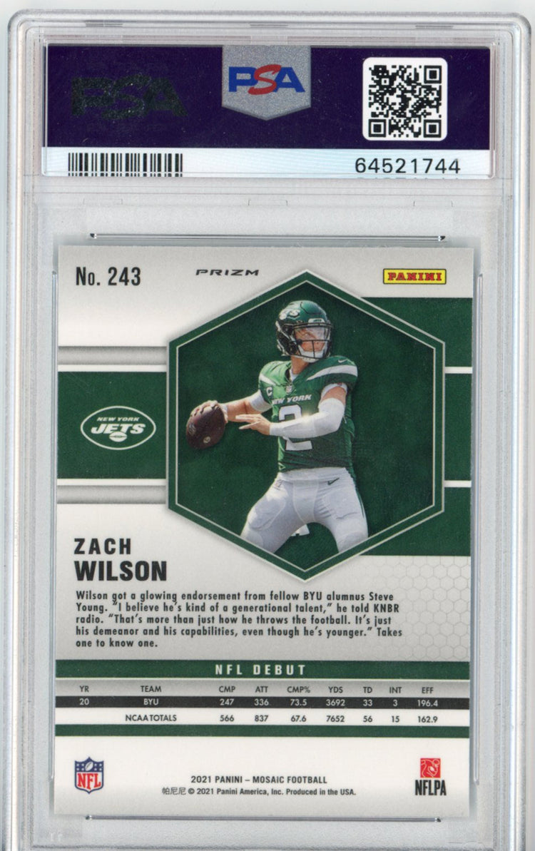 Graded 2021 Panini Mosaic Zach Wilson #243 Reactive Blue Rookie RC Football Card PSA 10 Gem Mint