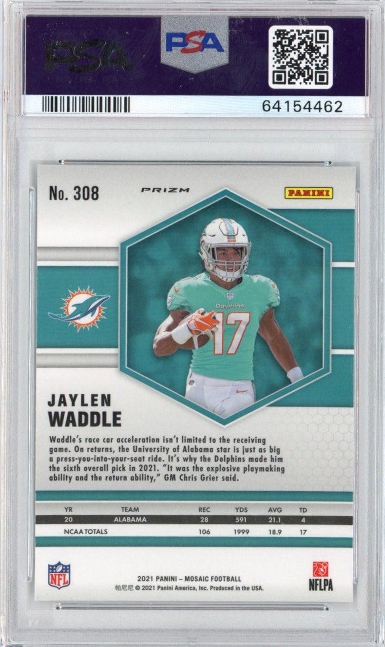 Graded 2021 Panini Mosaic Jaylen Waddle #308 Green Rookie RC Football Card PSA 10 Gem Mint
