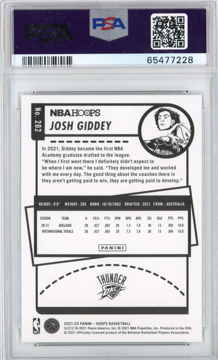Graded 2021-22 Panini NBA Hoops Josh Giddey #202 Rookie RC Basketball Card PSA 10 Gem Mint