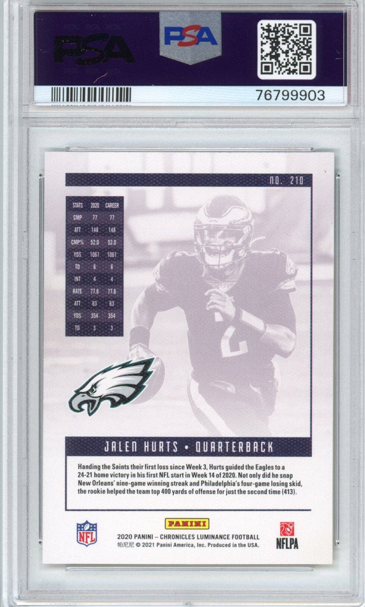 Graded 2020 Panini Chronicles Jalen Hurts #210 Luminance Rookie RC Football Card PSA 9 Mint