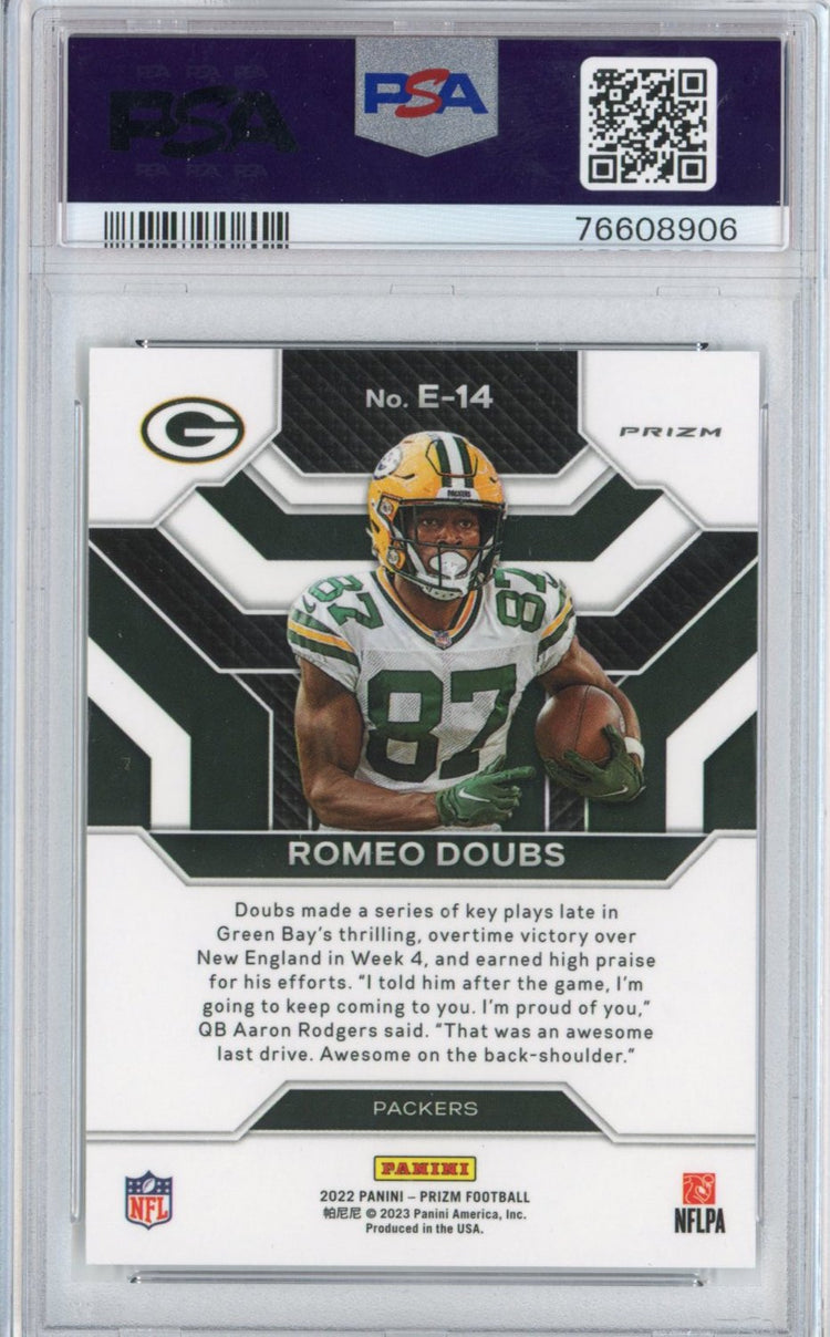 Graded 2022 Panini Prizm Romeo Doubs #E14 Emergent No Huddle Rookie RC Football Card PSA 10 Gem Mint