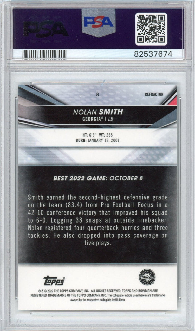 Graded 2022 Bowman Best University Nolan Smith #8 Refractor Rookie RC Football Card PSA 9 Mint
