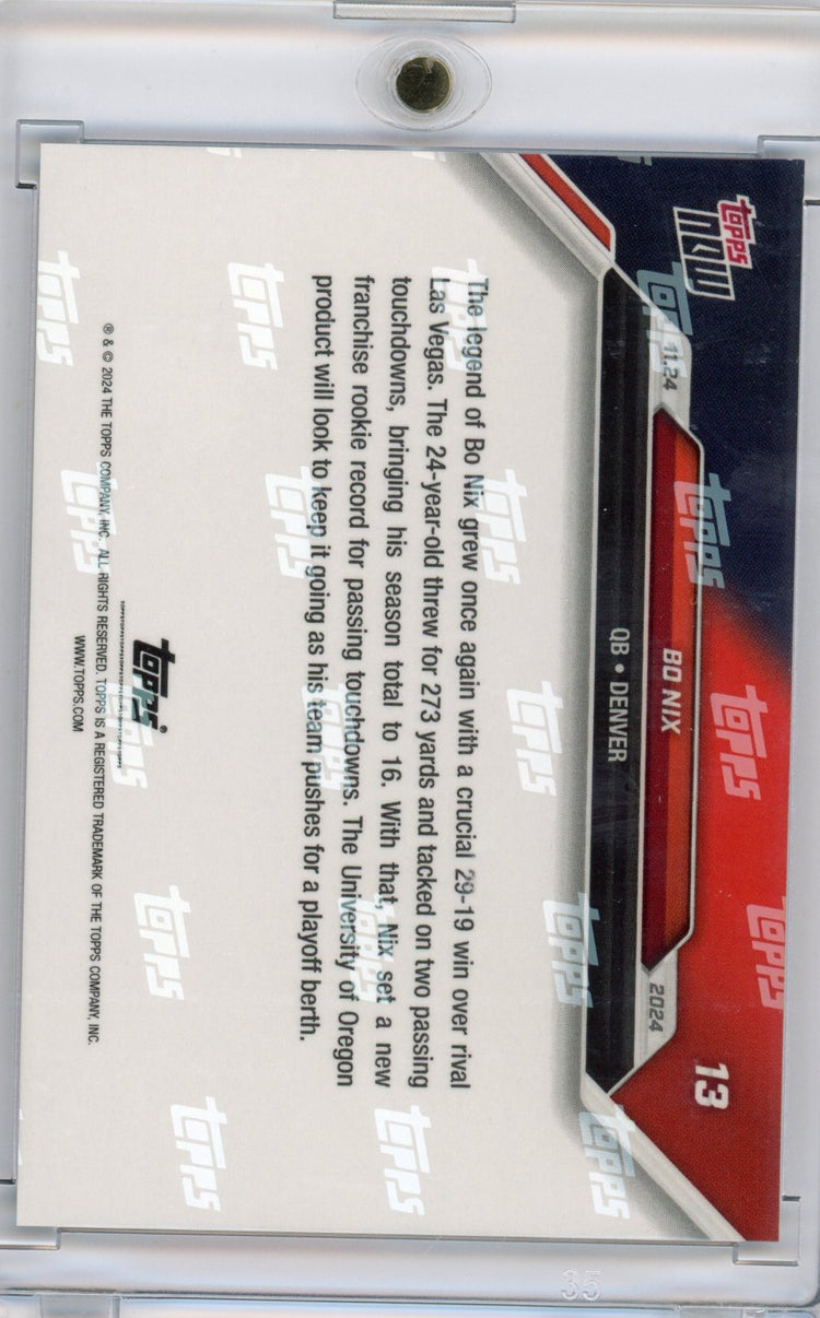 2024 Topps Now Bo Nix #13 Blue #/49 Denver Broncos Rookie RC Football Card