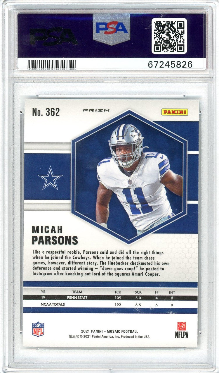 Graded 2021 Panini Mosaic Micah Parsons #362 Mosaic Rookie RC Football Card PSA 10 Gem Mint