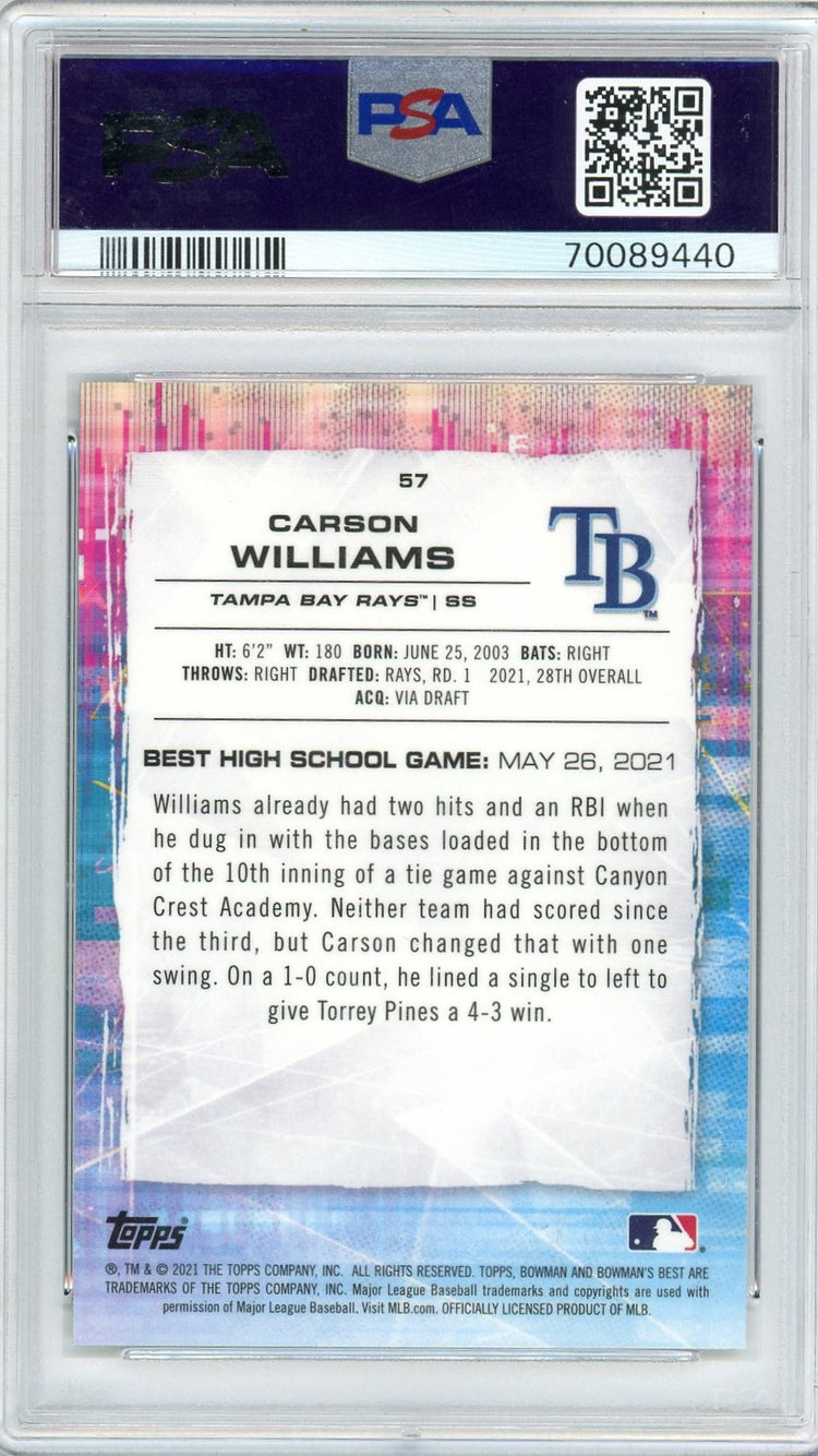Graded 2021 Topps Bowmans Best Carson Williams #AL Aqua Lava#/199 Refractor Rookie RC Baseball Card PSA 10 Gem Mint