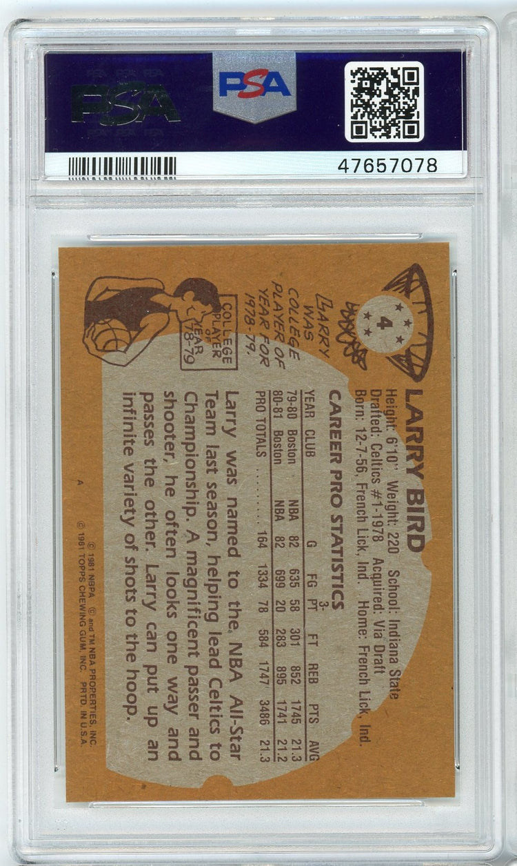 Graded 1981 Topps Larry Bird #4 2nd Year Basketball Card PSA 5 Excellent