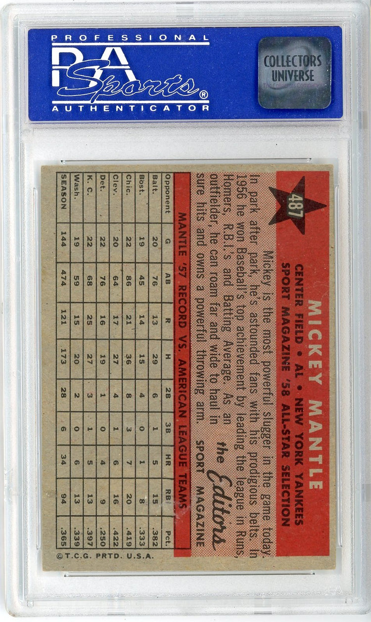 Graded 1958 Topps All Star Mickey Mantle #487 Baseball Card PSA 6 EX-MT