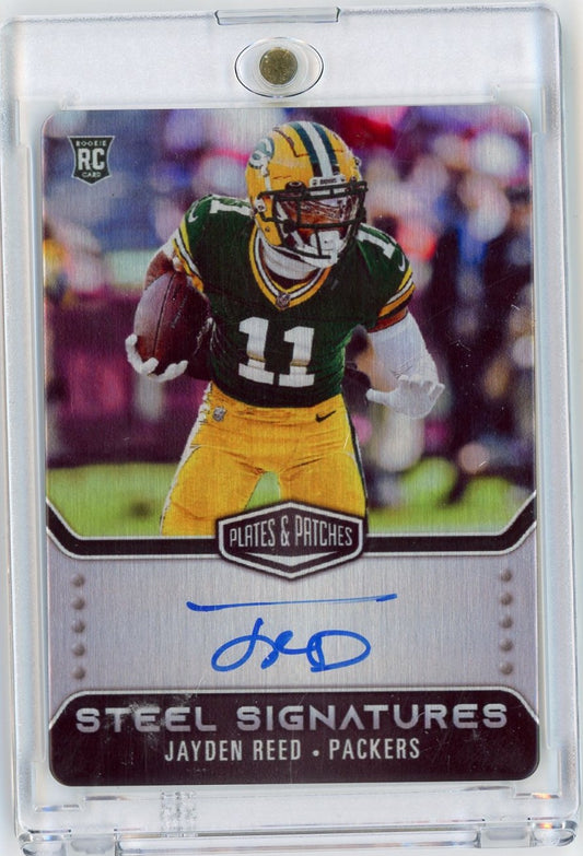 2023 Panini Plates & Patches Jayden Reed #RSSJRE Auto /300 Green Bay Packers Rookie RC Football Card