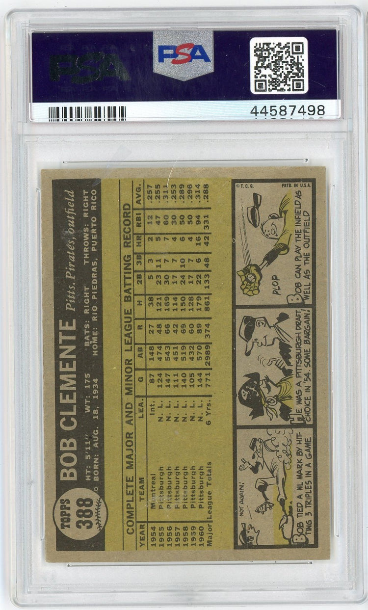 Graded 1961 Topps Bob Roberto Clemente #388 Baseball Card PSA 6 EX-MT