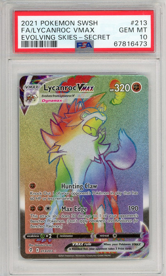 Graded 2021 PKM Sword & Shield Lycanroc #213 Vmax Evolving Skies Secret Trading Card Game PSA 10 Gem Mint