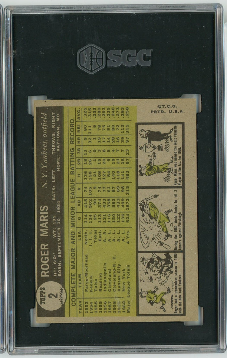 Graded 1961 Topps Roger Maris #2 Baseball Card SGC 7 Near Mint