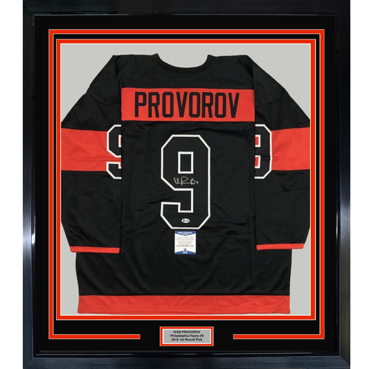 Framed Autographed/Signed Ivan Provorov 35x39 Philadelphia Black Stadium Series Hockey Jersey Beckett BAS COA