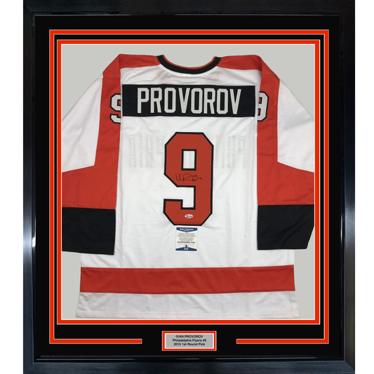Framed Autographed/Signed Ivan Provorov 35x39 Philadelphia White Hockey Jersey Beckett BAS COA