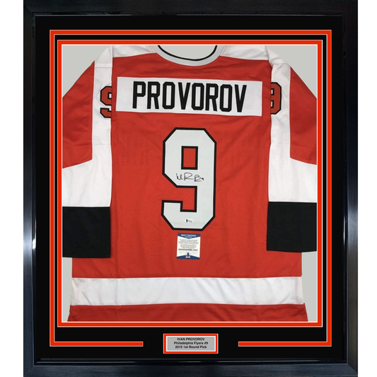 Framed Autographed/Signed Ivan Provorov 35x39 Philadelphia Orange Hockey Jersey Beckett BAS COA