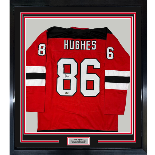 Framed Facsimile Autographed Jack Hughes 35x39 New Jersey Red Reprint Laser Auto Hockey Jersey