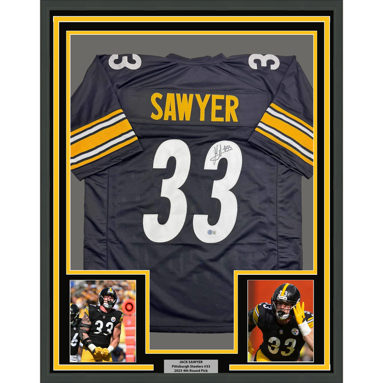 Framed Autographed/Signed Jack Sawyer 35x39 Pittsburgh Black Football Jersey Beckett BAS COA