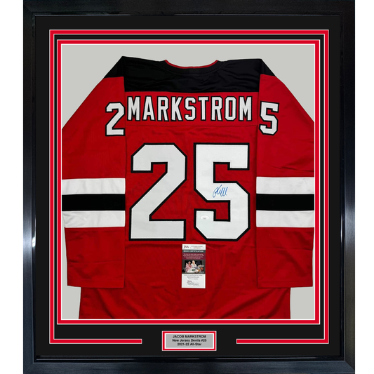 Framed Autographed/Signed Jacob Markstrom 35x39 New Jersey Red Hockey Jersey JSA COA