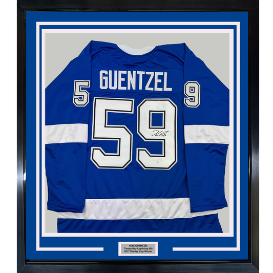 Framed Autographed/Signed Jake Guentzel 35x39 Tampa Bay Blue Hockey Jersey PSA COA