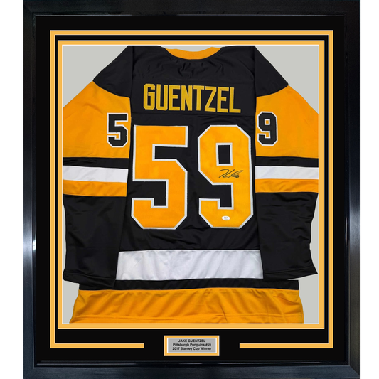Framed Autographed/Signed Jake Guentzel 35x39 Pittsburgh Black Hockey Jersey JSA COA