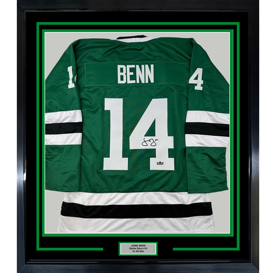 Framed Facsimile Autographed Jamie Benn 35x39 Dallas Green Reprint Laser Auto Hockey Jersey