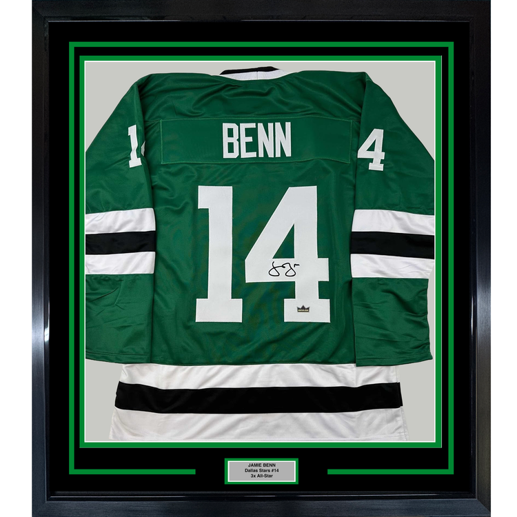 Framed Facsimile Autographed Jamie Benn 35x39 Dallas Green Reprint Laser Auto Hockey Jersey