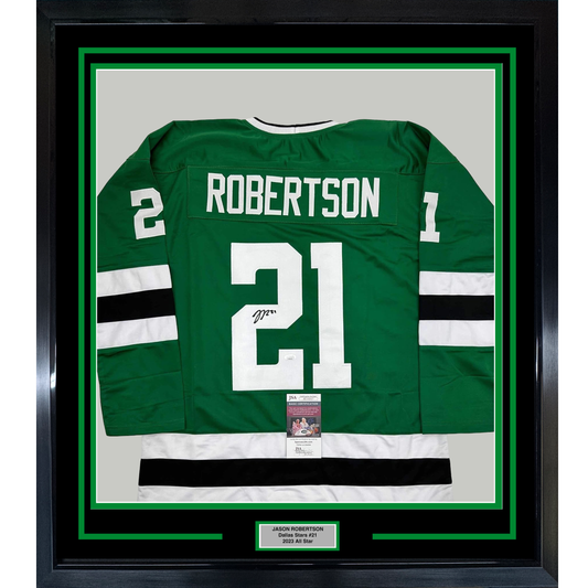 Framed Autographed/Signed Jason Robertson 35x39 Dallas Green Hockey Jersey JSA COA
