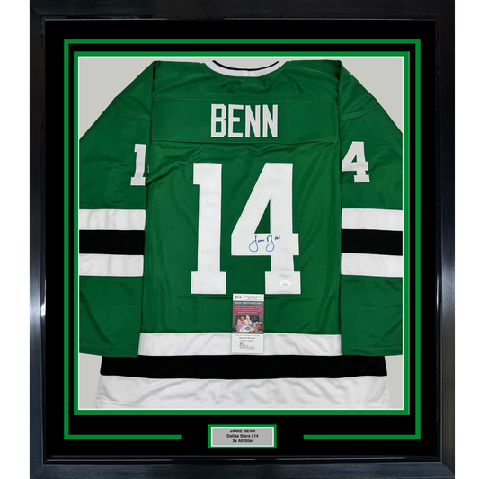 Framed Autographed/Signed Jamie Benn 35x39 Dallas Green Retro Hockey Jersey JSA COA