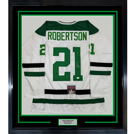 Framed Autographed/Signed Jason Robertson 35x39 Dallas White Hockey Jersey JSA COA