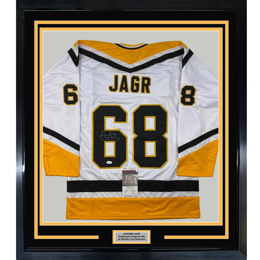 Framed Autographed/Signed Jaromir Jagr 35x39 Pittsburgh White Hockey Jersey JSA COA