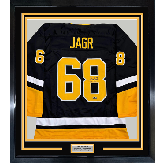 Framed Facsimile Autographed Jaromir Jagr 35x39 Pittsburgh Black Reprint Laser Auto Hockey Jersey