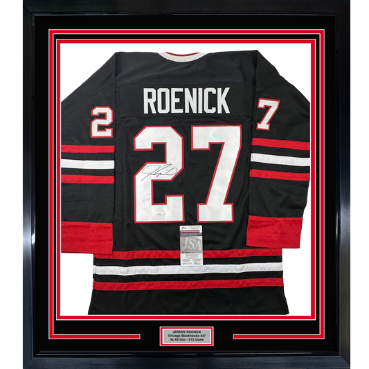 Framed Autographed/Signed Jeremy Roenick 35x39 Chicago Black Hockey Jersey JSA COA