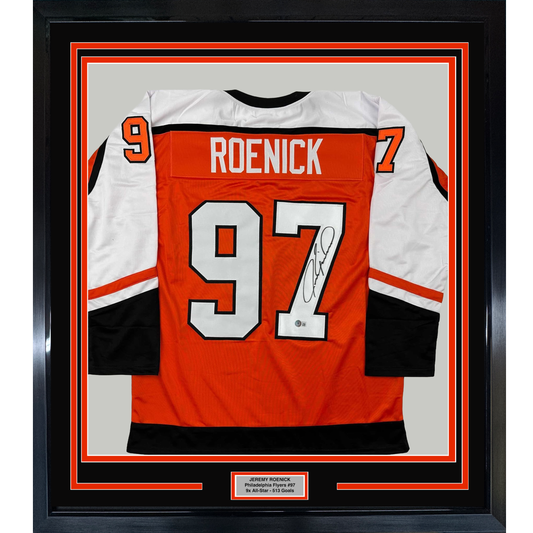 Framed Autographed/Signed Jeremy Roenick 35x39 Philadelphia Orange Hockey Jersey Beckett BAS COA