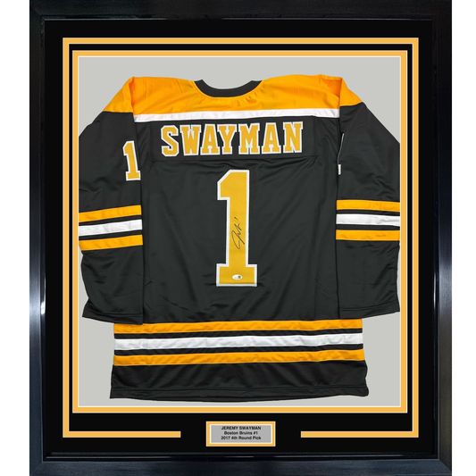 Framed Autographed/Signed Jeremy Swayman 35x39 Boston Black Hockey Jersey JSA COA