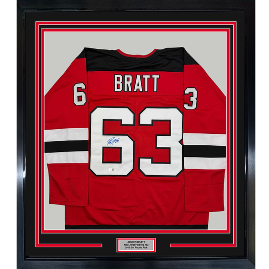 Framed Autographed/Signed Jesper Bratt 35x39 New Jersey Red Hockey Jersey Beckett BAS COA