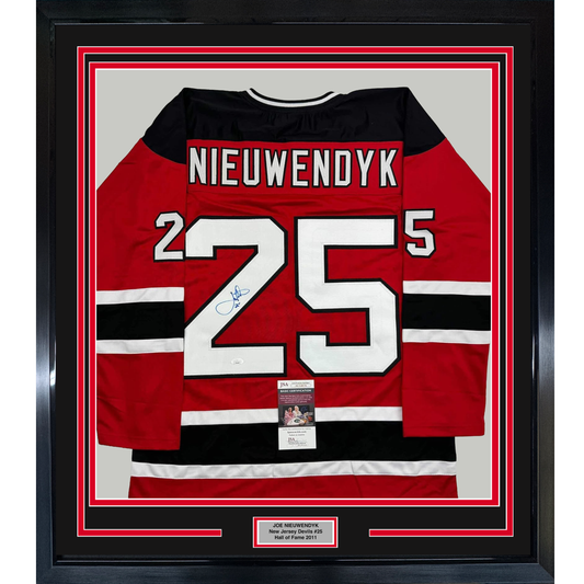 Framed Autographed/Signed Joe Nieuwendyk 35x39 New Jersey Red Hockey Jersey JSA COA