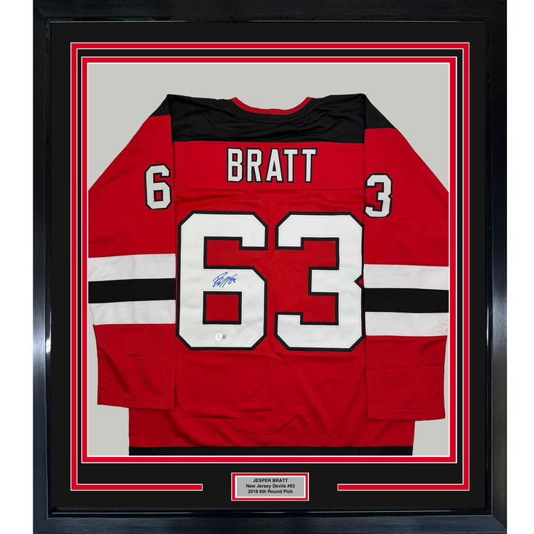 Framed Autographed/Signed Jesper Bratt 35x39 New Jersey Red Hockey Jersey Beckett BAS COA