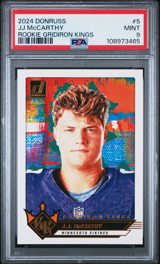 Graded 2024 Panini Donruss JJ McCarthy #5 Rookie Gridiron Kings Rookie RC Football Card PSA 9 Mint