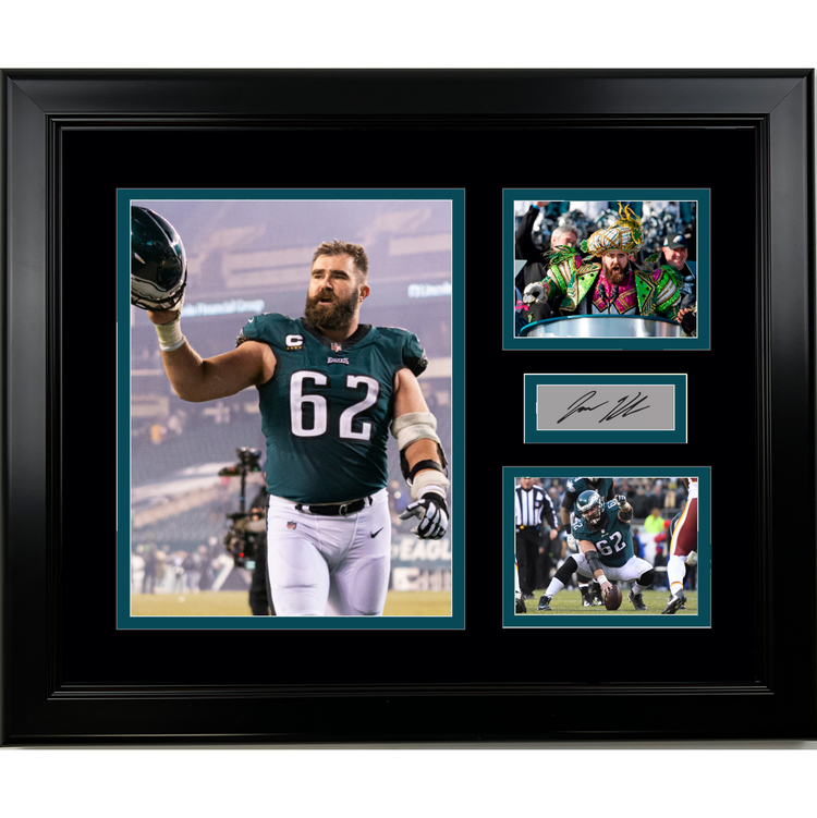 Framed Philadelphia Eagles Jason Kelce Facsimile Laser Engraved Signature Football 14x11 3 Photo Collage