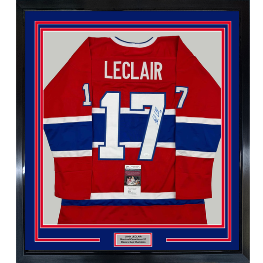 Framed Autographed/Signed John LeClair 35x39 Montreal Red Hockey Jersey JSA COA