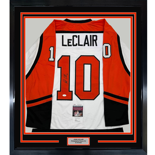 Framed Autographed/Signed John LeClair 35x39 Philadelphia White Hockey Jersey JSA COA