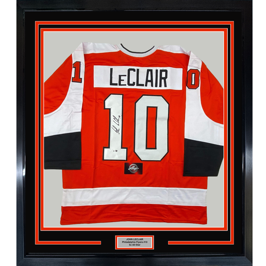 Framed Autographed/Signed John LeClair 35x39 Philadelphia Orange Hockey Jersey Leaf Authentics COA