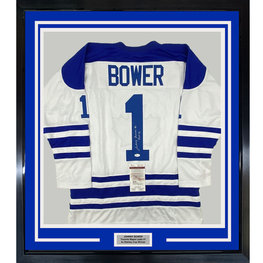 Framed Autographed/Signed Johnny Bower HOF 76 35x39 Toronto Blue Hockey Jersey JSA COA
